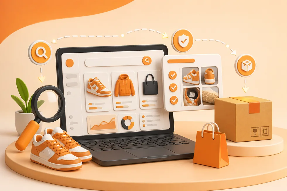 3D CSSBuy buyer route planner with product cards, QC checklist and shipping parcel